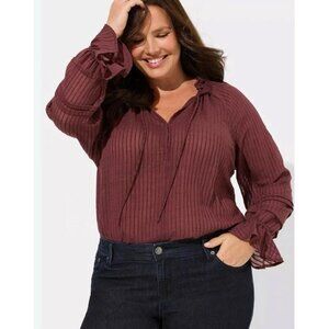 Torrid Stripe Gauze Lace Up Peasant Top Women's Plus Size 3 Burgundy Long Sleeve